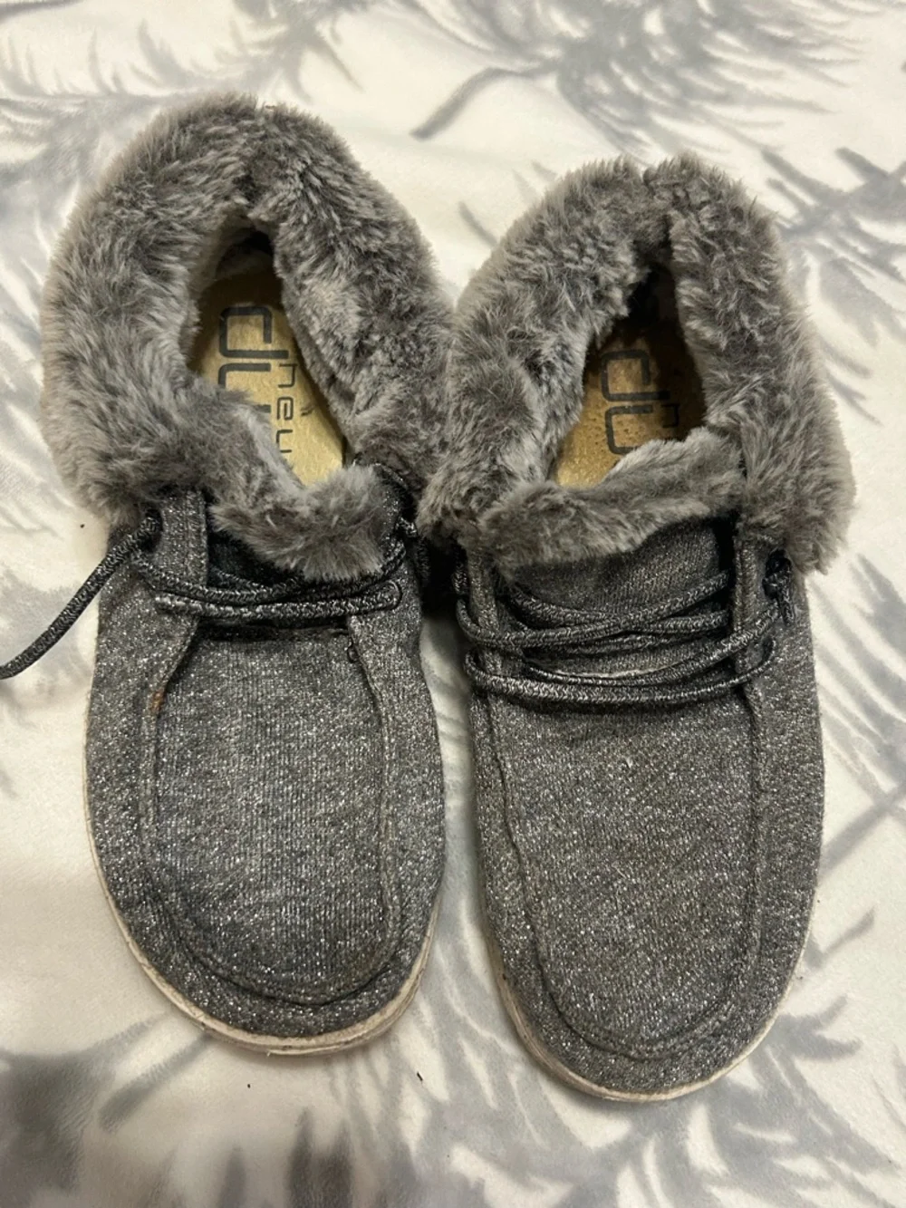 Hey Dude Youth Gray Faux-Fur Lined Slip-On Moccasins